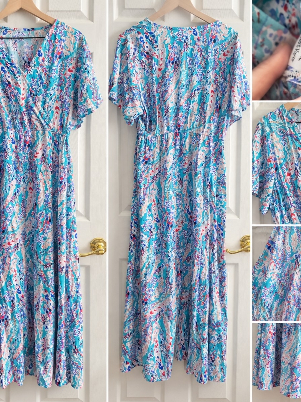 JustFab Blue Multi Floral Maxi Dress with Flutter Sleeves